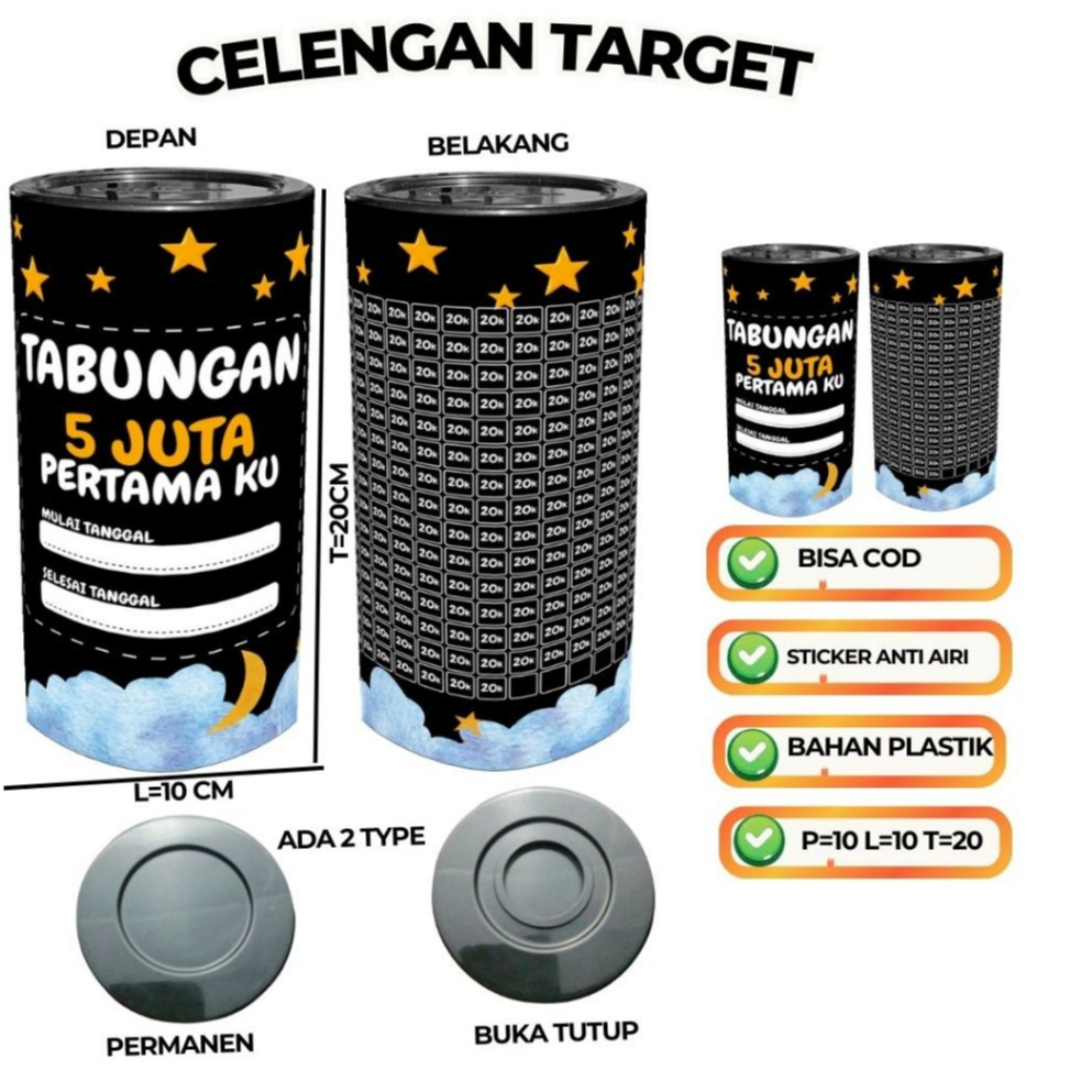 Celengan Target 5 Juta 20 K Viral Motif Black Premium Celengan Permanen Buka Tutup Murah Tebal-Hitam