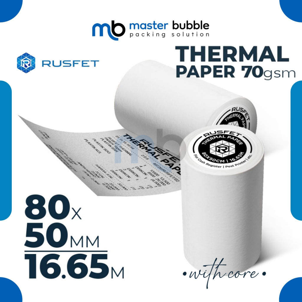 

Kertas Termal Label RUSFET With Core Sticker Paper Thermal Printer Resi 80mm x 50mm - 16,6m Per Roll