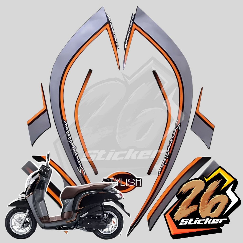 STICKER STIKER POLET LIS STRIPING MOTOR FULL BODY HONDA SCOOPY STYLISH 2017 WARNA HITAM ABU ABU OREN