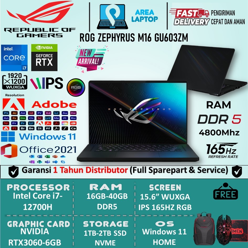 Asus Rog Zephyrus M16 GU603ZM Intel i7 12700H 32GB DDR5 1TB SSD RTX3060-6GB WUXGA IPS 165Hz RGB