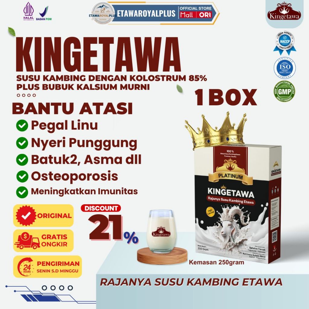 

Kingetawa Platinum Raja Susu Kambing Etawa BPOM & Halal Susu 9 Manfaat Kesehatan - 1 BOX 250g