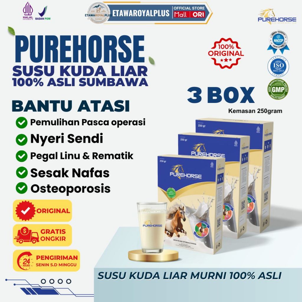 

Susu Kuda Purehorse Original dari Sumbawa Cepat Atasi Asma, Batuk, Pegal Linu & Osteoporosis 3 BOX