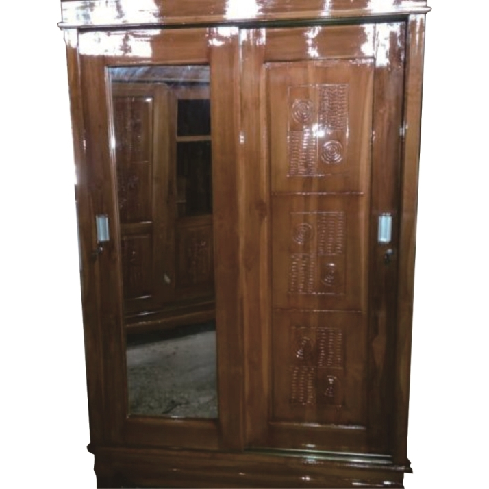 LEMARI PAKAIAN JATI MODEL MINIMALIS + KACA 2 PINTU SLIDING