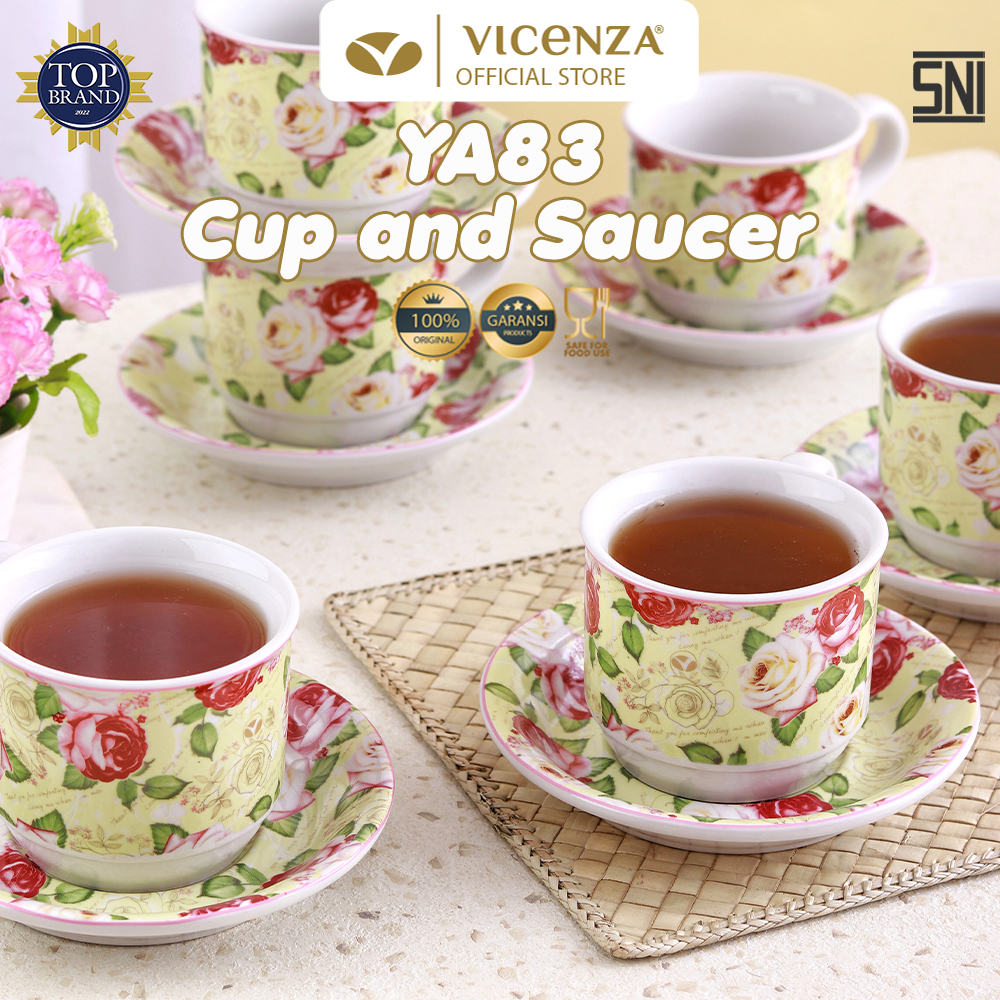 VICENZA Gelas / cangkir set 6 pasang motif mawar YA-83