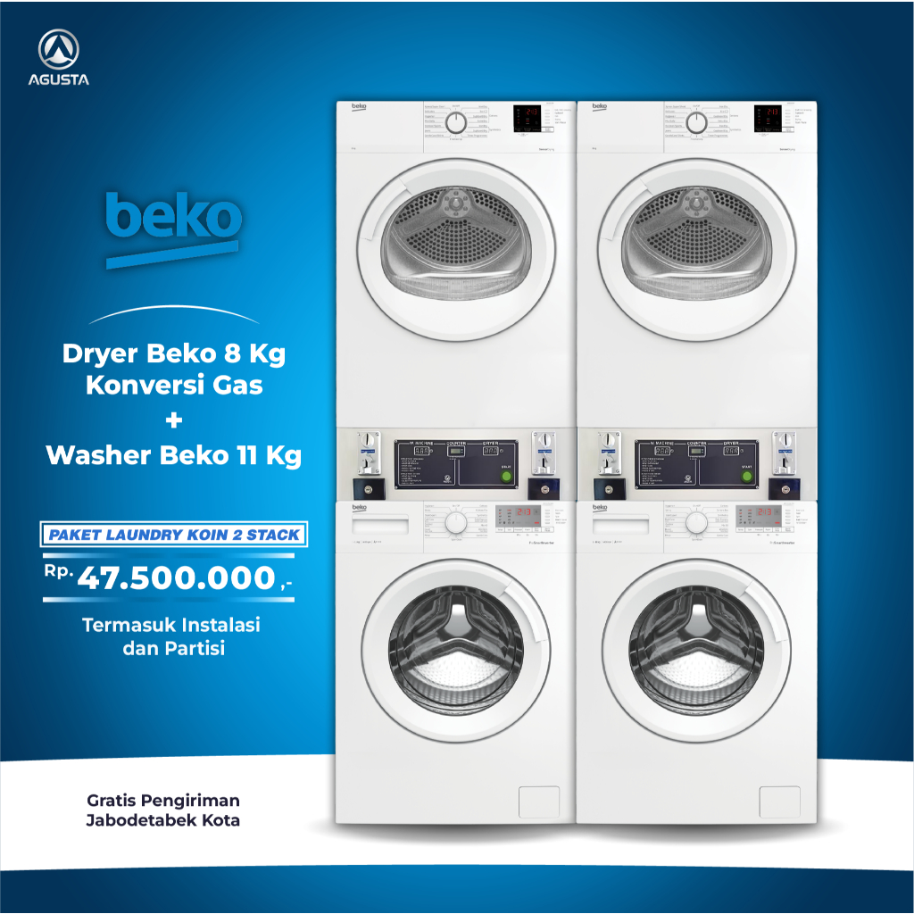 Paket Mesin Laundry 2 Set Stack Cuci dan Pengering Pakaian Beko Washer 11 kg dan Beko Dryer 8 kg