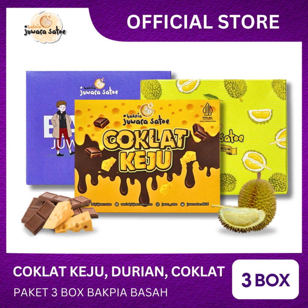 

[ 3 BOX ] PAKET BAKPIA BASAH (COKLAT KEJU, DURIAN, COKLAT) - BAKPIA JUWARA SATOE