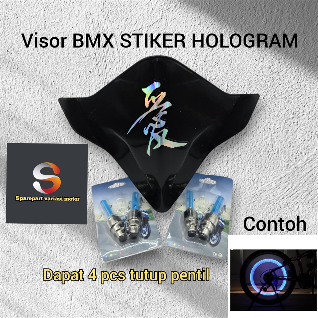 paket visor sepeda bmx +sticker hologram bmx +tutup pentil led blue 4 pcs