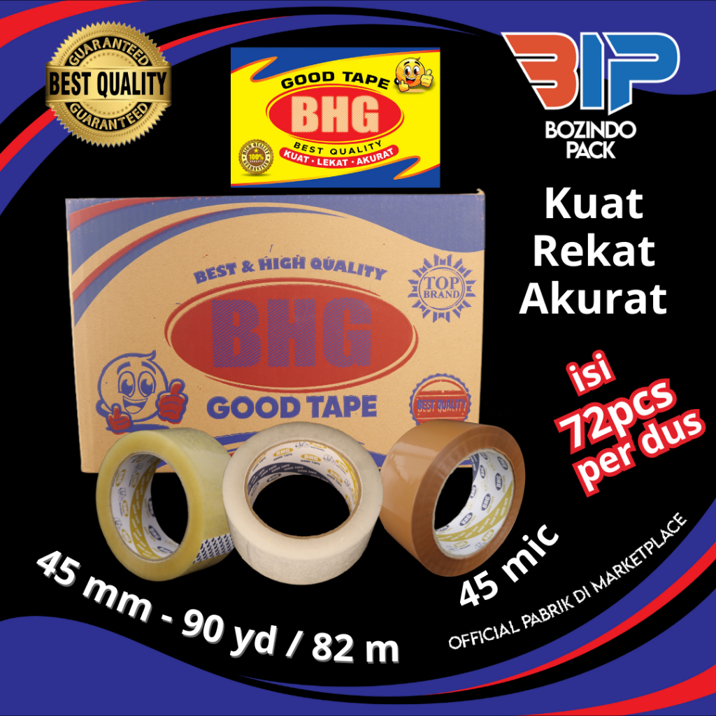 

Lakban BHG Good Tape OPP 90 Yard 45 Mic 1 DUS 72 Pcs Lakban Bening Clear White Yellow Kuning Coklat Brown Tan 45 mm x 90 Yard 82 M FULL