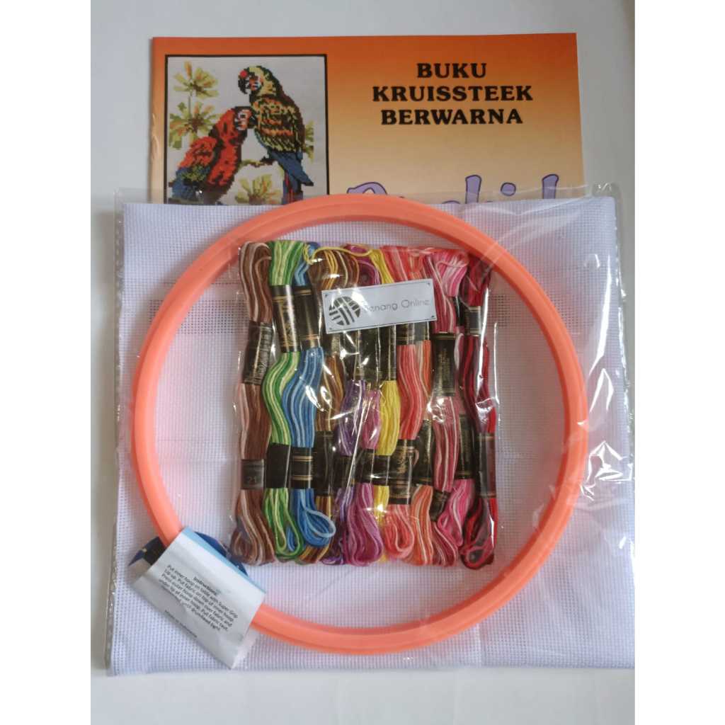 Paket Alat Sulam Strimin Set G Midangan/Hoop Plastik20 Embroidery Kit Lengkap Buku Kristik DIY Craft