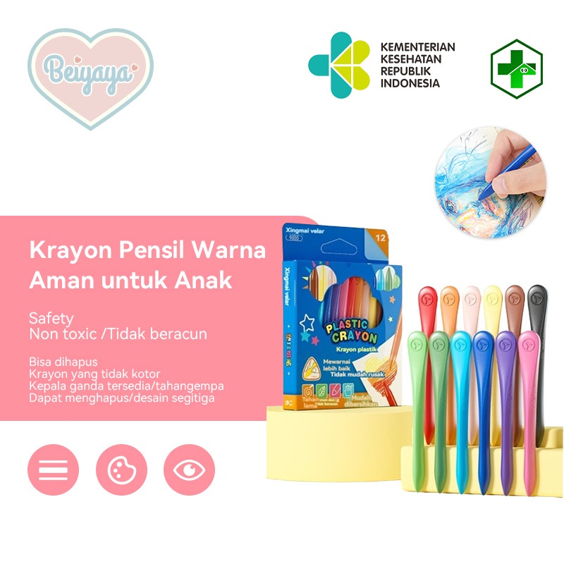 

BEIYAYA 12 Wama Crayon Plastic Anti Kotor Tahan Air Non-Toxic - Krayon Pensil Warna Aman M022