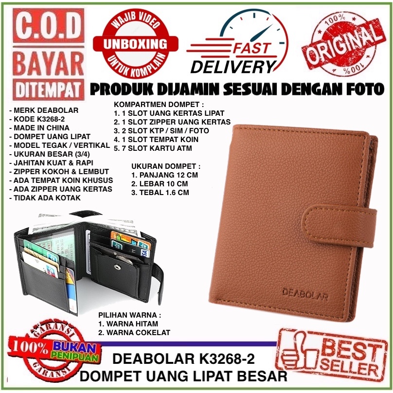 C.O.D Deabolar K3268-2 Dompet Uang 3 Lipat Tebal Pria Wanita Ukuran 3/4 Bahan Sintetis Kulit Jeruk
