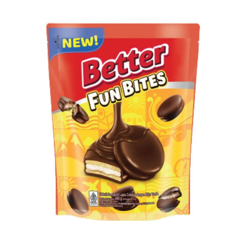 

Better Fun Bites 240g POUCH (10g x 24 pcs) Beter Biskuit Sandwich Lapis Coklat Dengan Krim Vanilla