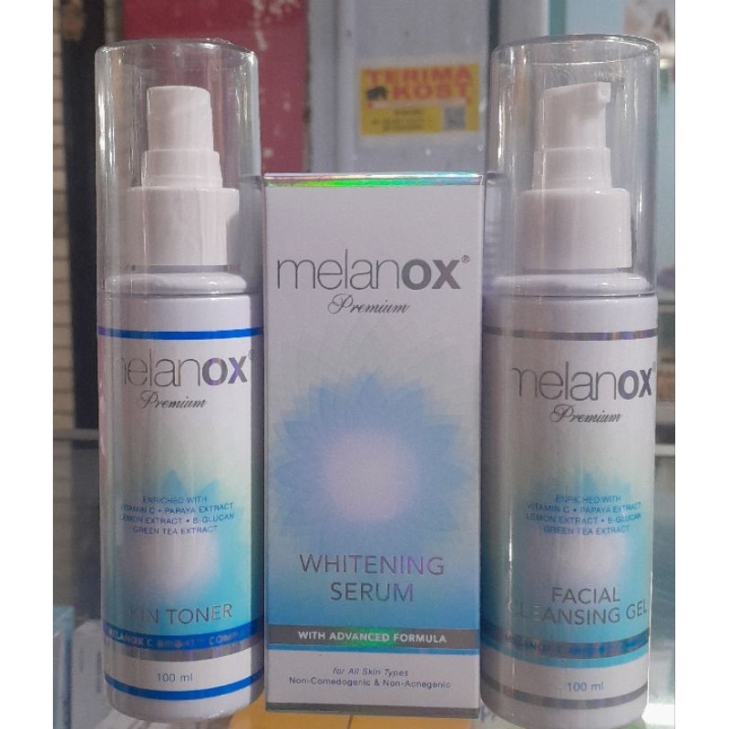 paket melanox cleansing gel , melanox skin toner ,melanox whitening serum