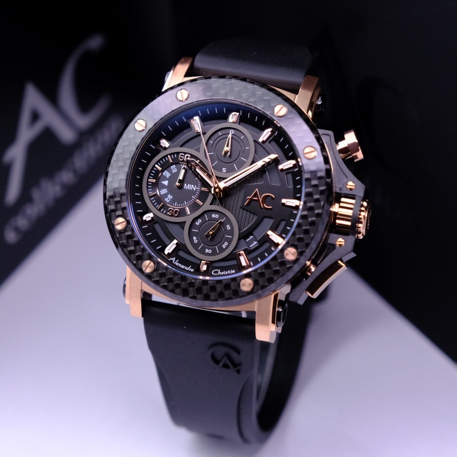 ORIGINAL Jam Tangan Pria Alexandre Christie AC 9205 / AC9205 Rubber Chronograph Carbon