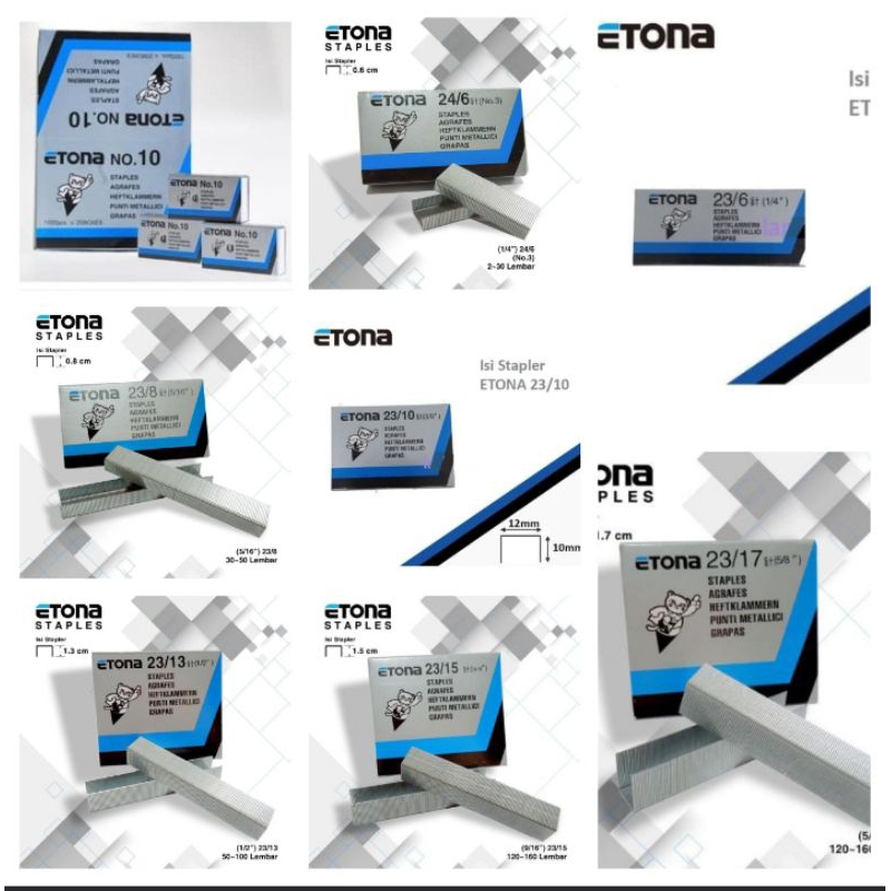 

Isi Staples Etona No 10 , 24/6 , 23/6 , 23/8 , 23/10 , 23/13 , 23/15 , 23/17