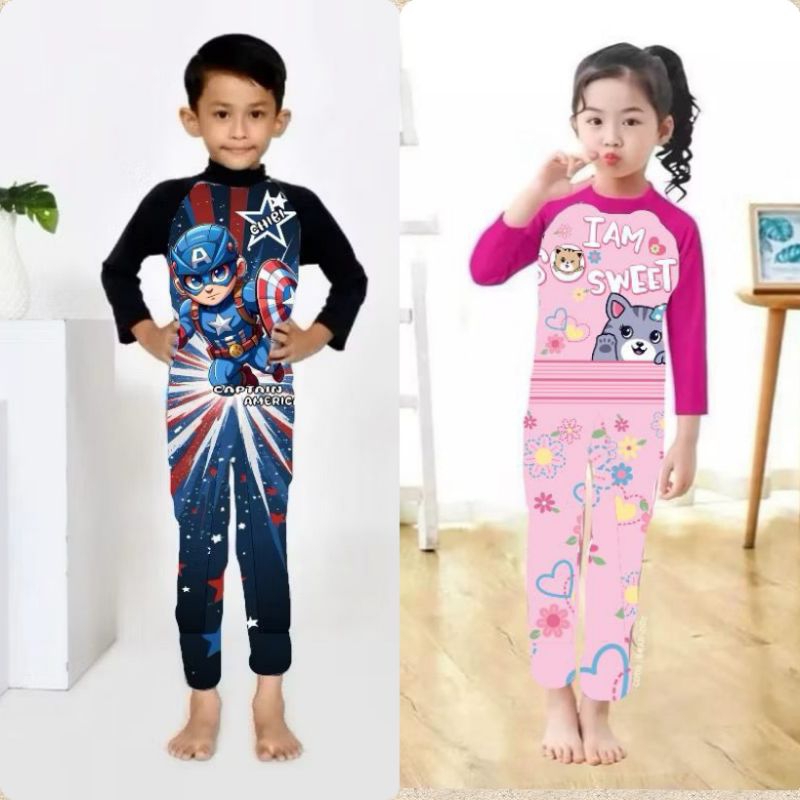 Ibos Kids - Baju renang anak laki-laki perempuan muslimah 3-12 tahun lengan dan celana panjang motif