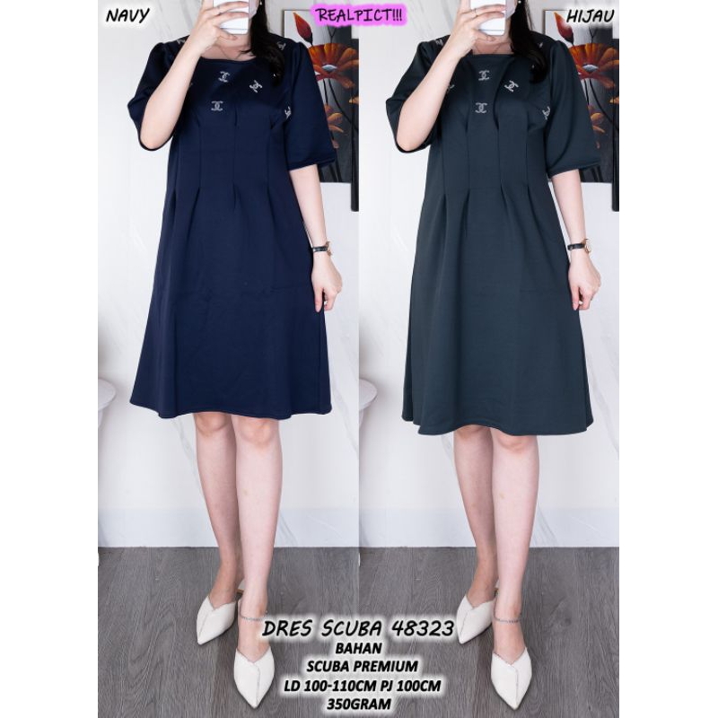 Gaun Scuba DRES 48323 D1G - Merah, Hijau, atau Navy - Dewasa, Pesta, Casual, Midi, Panjang, Baju, Wa