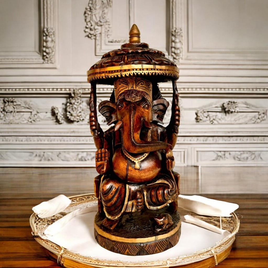 Patung Ganesha kayu/Handcrafted Wooden Ganesha Statue with Traditional Umbrella Ganesha With Rat Umb