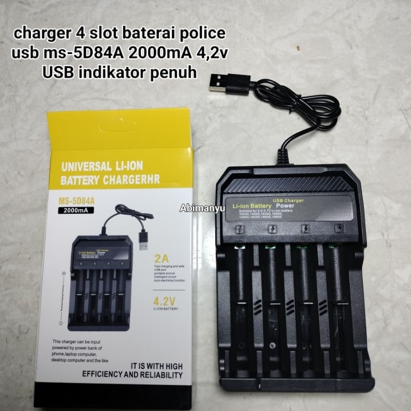alat cas charger 4 slot baterai police usb ms-5D84A 2000mA 4,2v USB indikator penuh sp