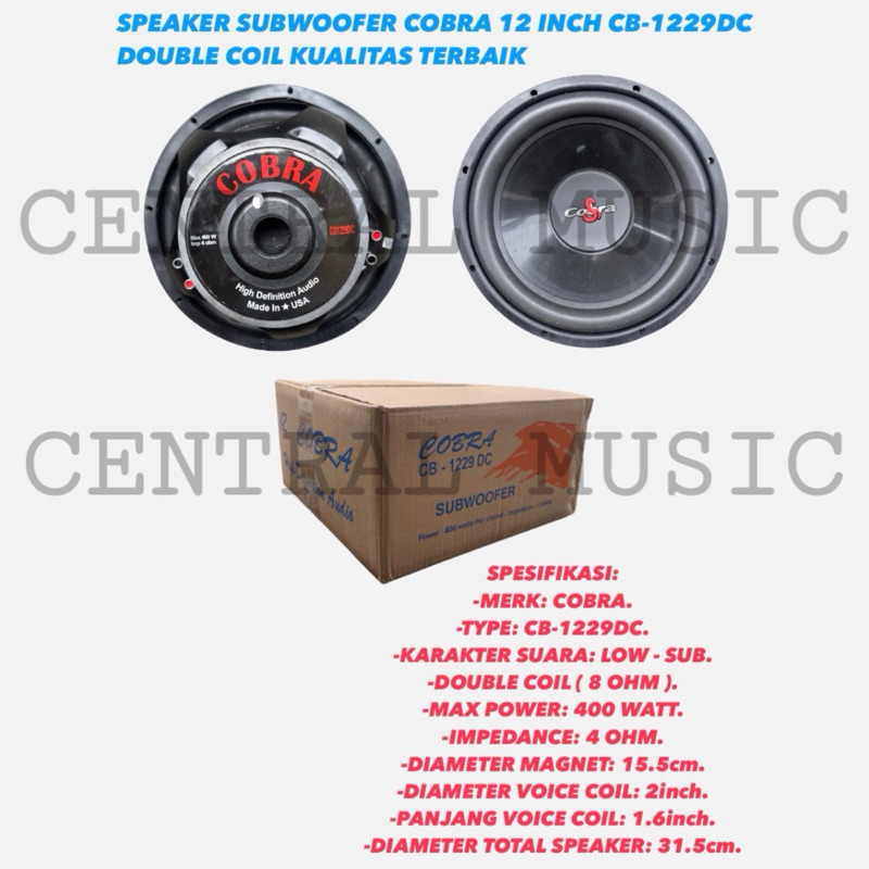 SPEAKER SUBWOOFER COBRA 12 INCH CB-1229 DC DOUBLE COIL SUBWOOFER