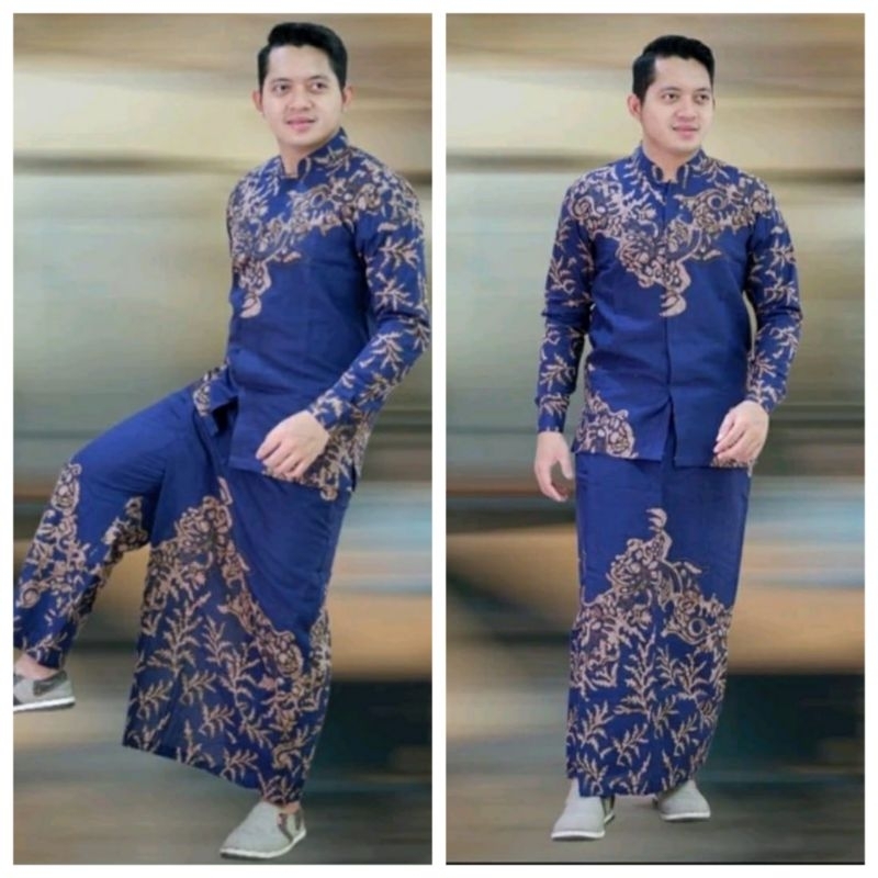 SARUNG KOKO BATIK PRIA DEWASA, KOKO BATIK SET CELANASARUNG, SETELAN KOKO BATIK WARNA BIRU