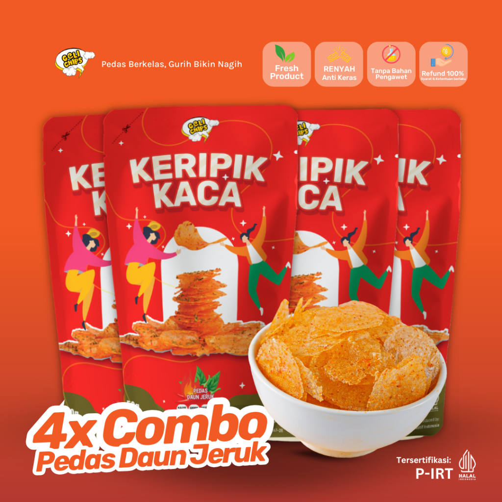 

GELICHIPS - Paket Combo 4pcs Keripik Kaca (KIRPCA) Pedas Daun Jeruk 50gr