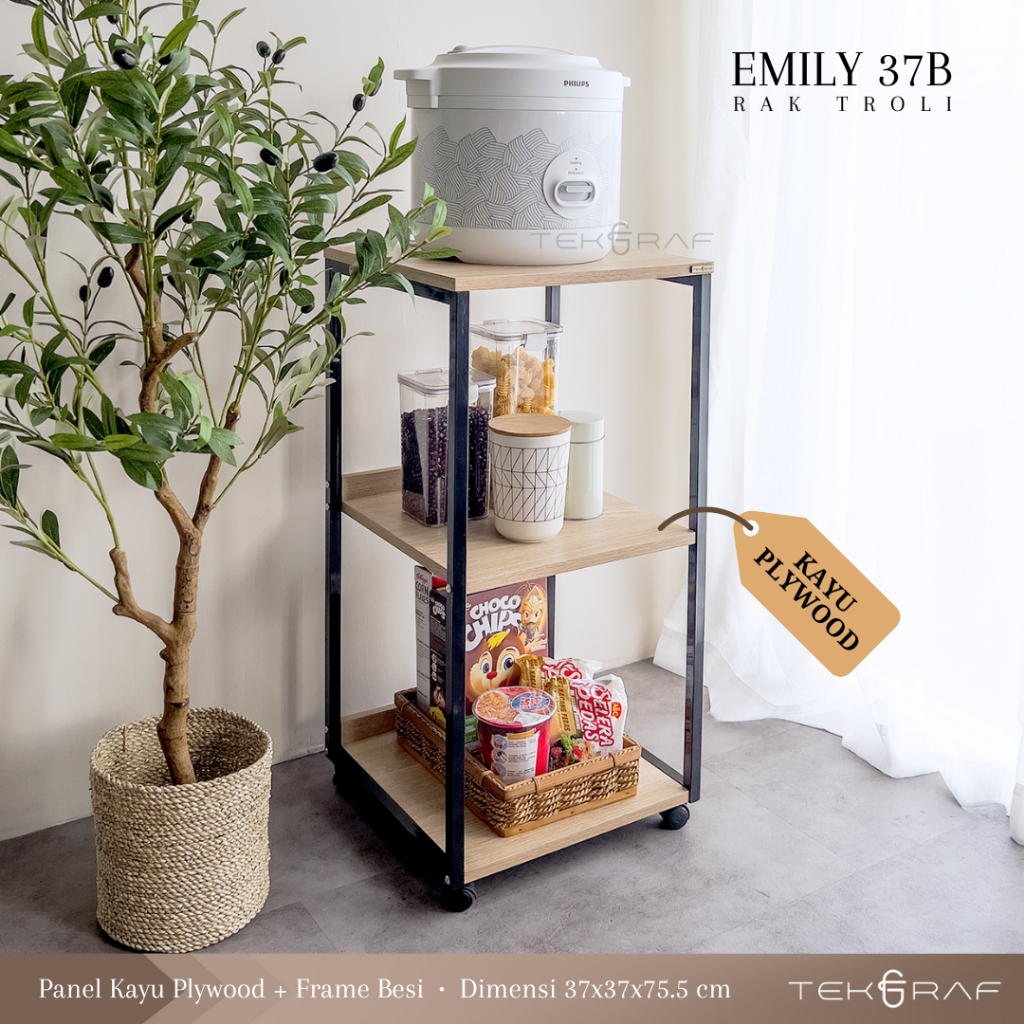 Rak Rice Cooker Troli Susun Rak Meja Dapur Dorong Beroda Serbaguna Kayu Kaki Besi - Tekgraf Emily 37