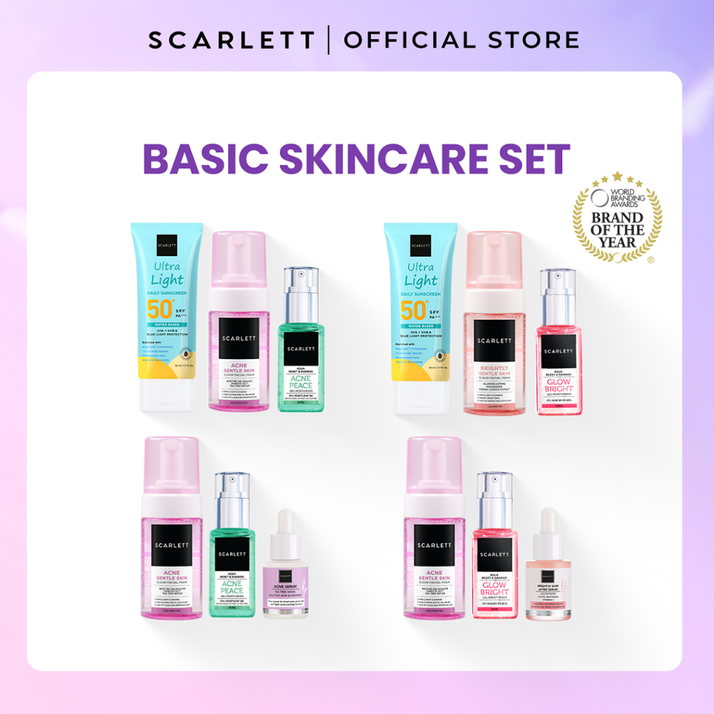 SCARLETT Paket Basic Skincare Cleanser + Moisturizer + Serum + Sunscreen Mencerahkan Wajah Menghilan