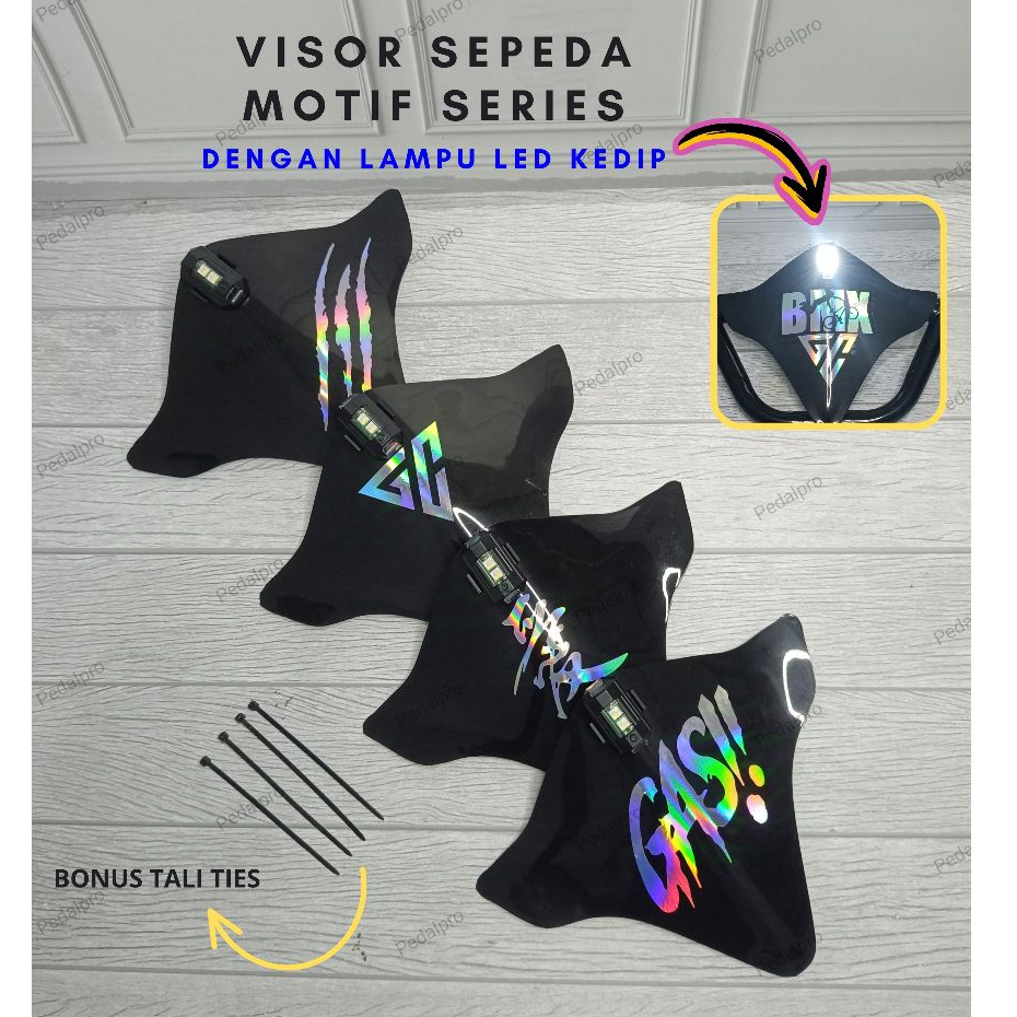 VISOR SEPEDA BMX DENGAN LAMPU LED TEMPEL KEDAP KEDIP VARIASI MOTIF STIKER HOLOGRAM AKSESORIS SEPEDA 