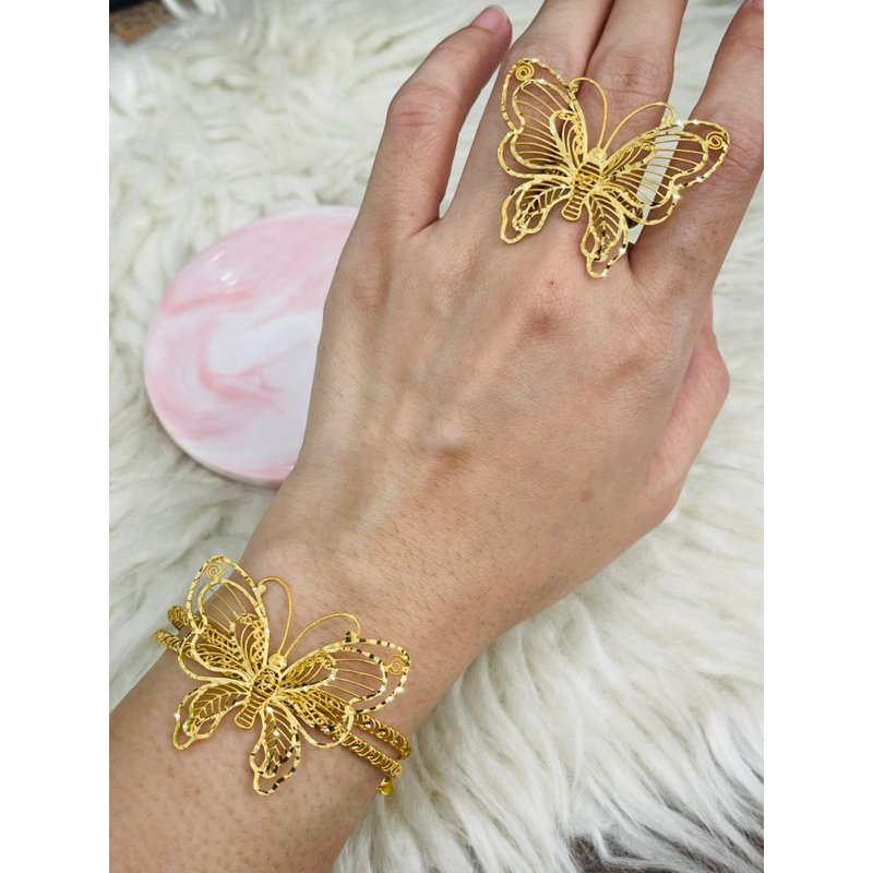 SET gelang dan cincin kupu kupu kerawang emas asli kadar 700