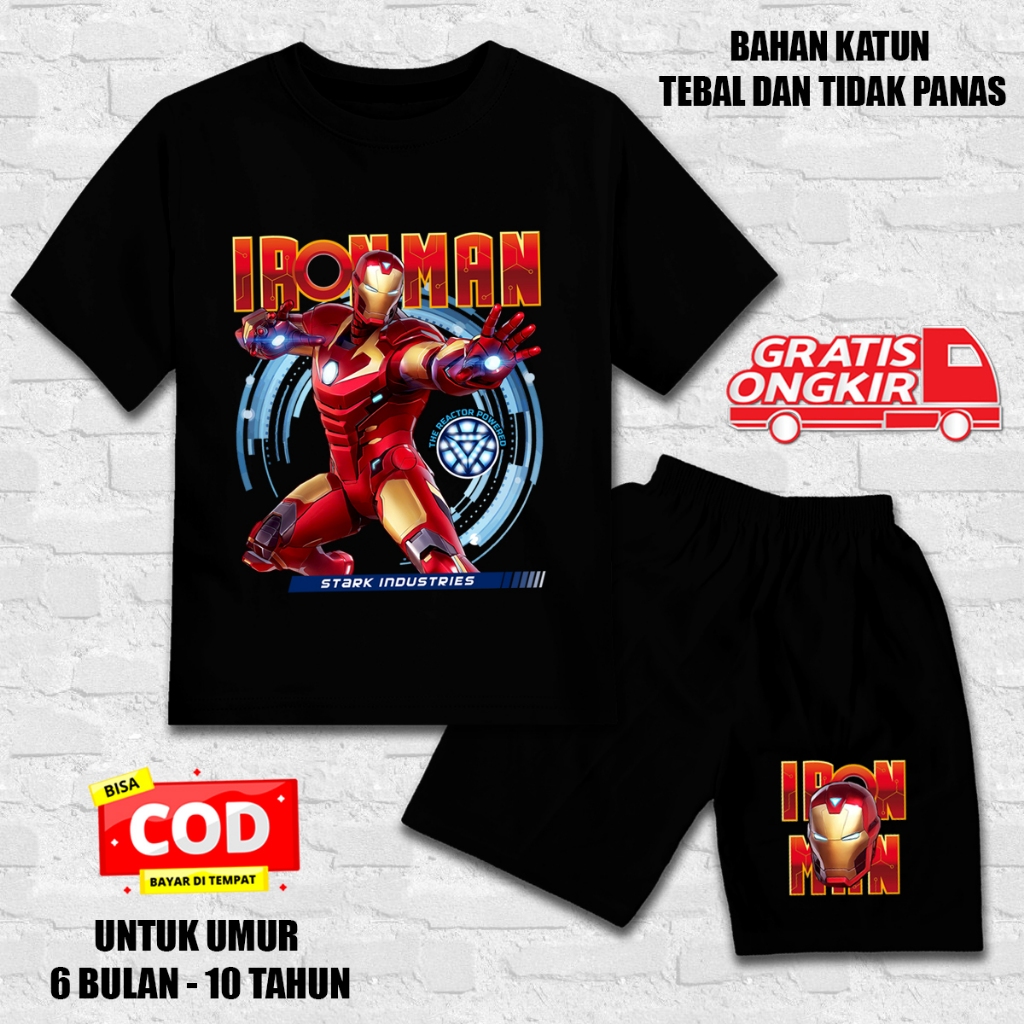 Setelan lengan pendek anak laki laki perempuan set kaos anak katun dtf iron man 1