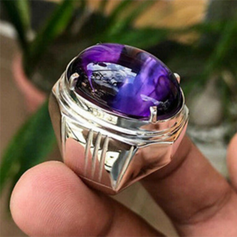 Cincin Pria Batu Ungu Oval Vintage / Cincin Batu Ungu / Classic Simple Synthetic Purple Egg Shaped O
