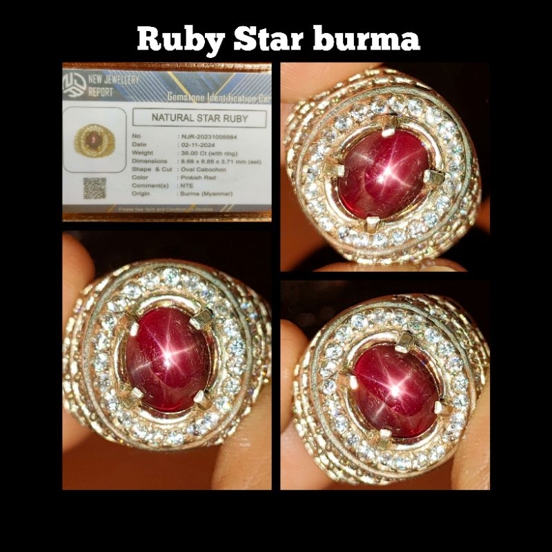 Ruby Star burma Myanmar + ring perak asli