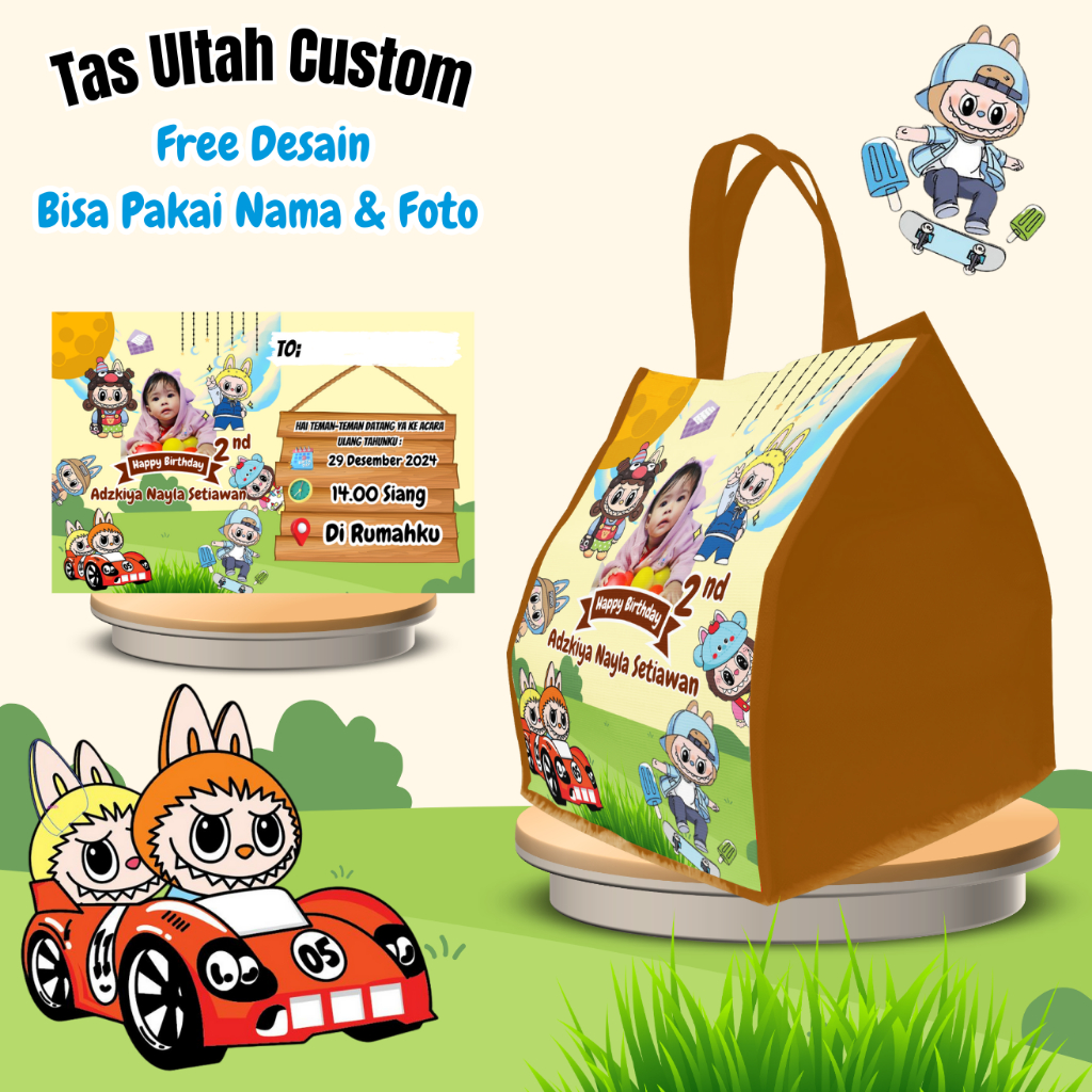 

Paket 50 Pcs Tas & Free Undangan Anak Ulang Tahun Custom Desain Muat Bento Snack Kain