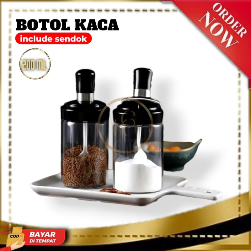 Botol Bumbu Kaca+Sendok 200ml/Botol Bumbu Kaca Sendok Murah/Tempat Bumbu Kaca Free Sendok Murah