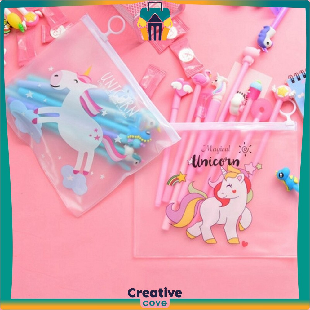 

Pena FREE Zipper Pouch Tempat Pensil Transparan Pulpen Gel Karakter Lucu Set Isi 20PCS Creative Cove A15
