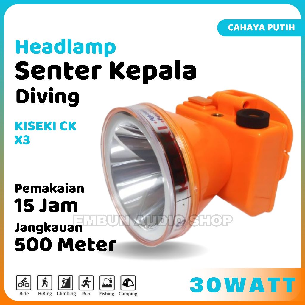 KISEKI CK-X3 Senter Kepala Selam Cahaya Putih 30 Watt Bonus Kacamata Selam | Headlamp Diving Super L