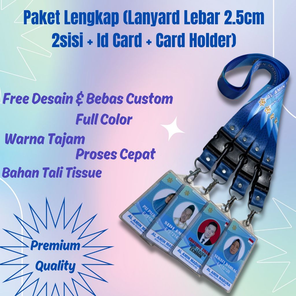 

Paket Lengkap (Lanyard Lebar 2.5cm 2sisi + Id Card + Card Holder)