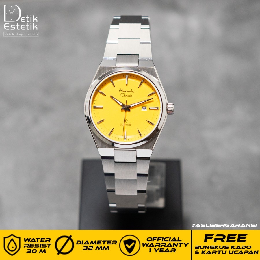 Jam Tangan Wanita Alexandre Christie AC 8697 LDB / AC 8697 Silver Yellow Sapphire Crystal Original