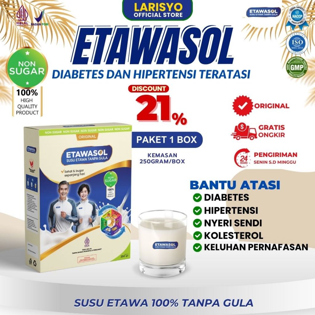 

Susu Etawa 100% Tanpa Gula Etawasol Untuk Diabetes, Hipertensi, Nyeri Sendi dan Pernafasan 250Gr Paket 1 Box