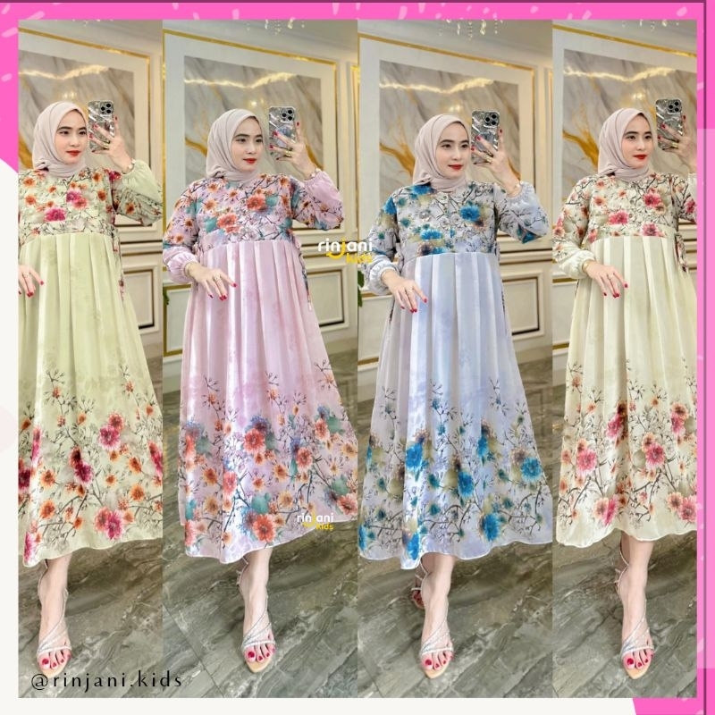 Midi Dress Long Dres Wanita Remaja Tanggung Ceruty Motif Kekinian Baju Perempuan Fashion Muslimah
