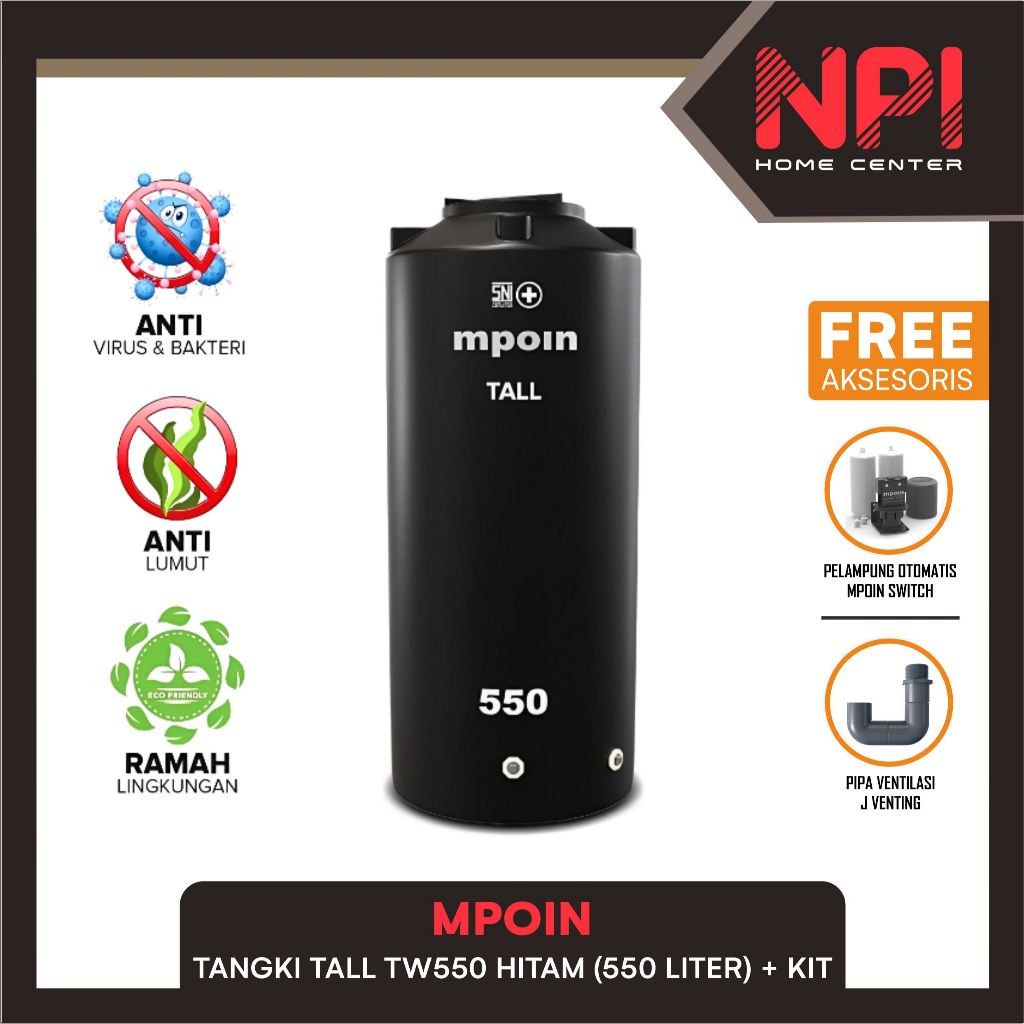 Mpoin - Tangki / Tandon / Toren Air / Water Tank TW550 TW 550 Tall Wave Tinggi Ramping Hitam Anti Lu