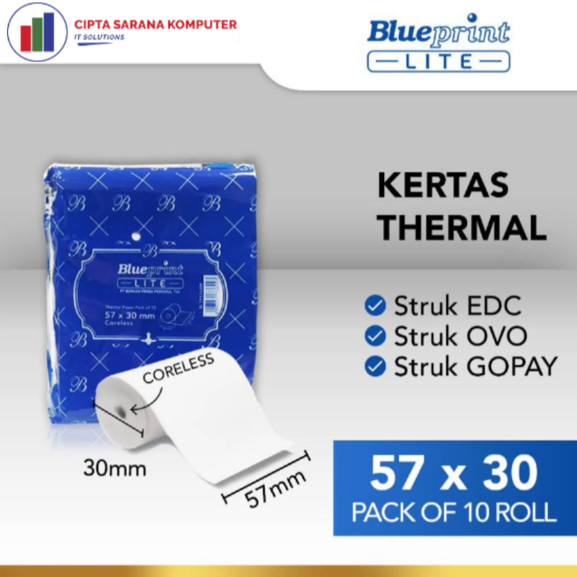 

KERTAS THERMAL STRUK KASIR EDC BLUEPRINT LITE 57 x 30 , 57x30 mm - 1 Pack (Isi 10 Roll)