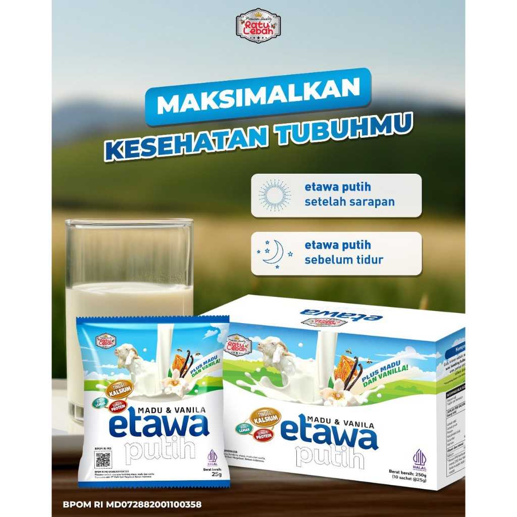 

Susu Kambing Etawa FULL CREAM Ratu Lebah | Etawa Putih Madu & Vanila | madu & jahe Susu Kambing - Per Box Isi 10 Sachet