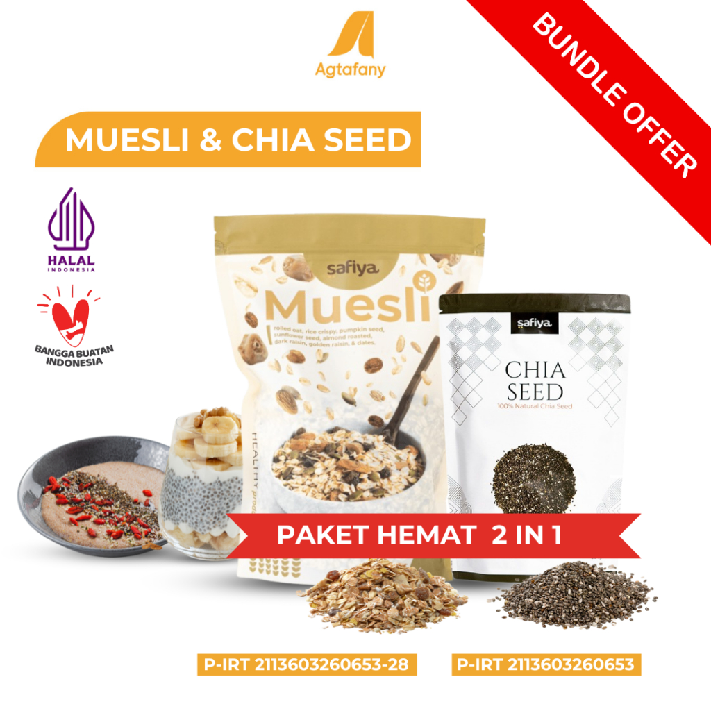 

[Paket Hemat] Muesli 1 kg + Chia Seed 250 gr Original Safiya | Overnight Sereal Oats Chiaseed Oatmeal Sarapan Sehat