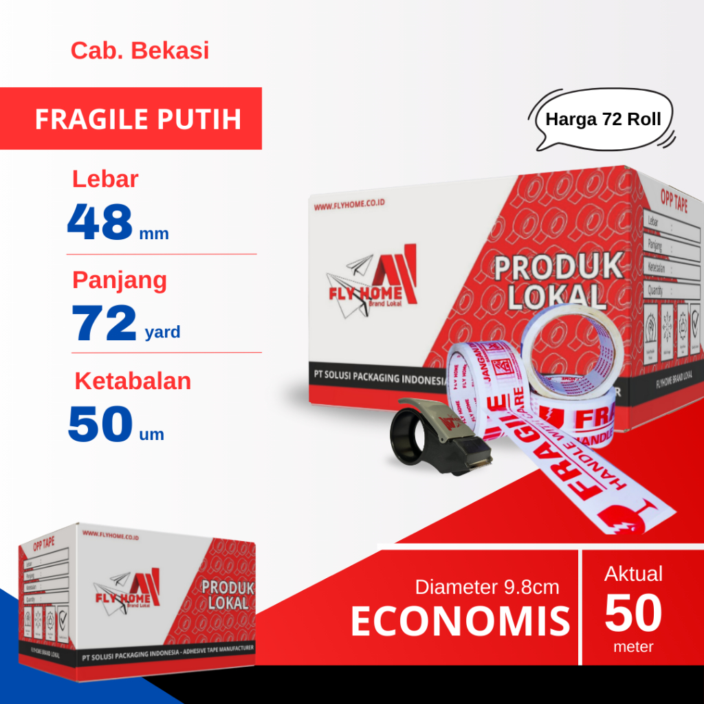 

FLYHOME 1Dus Lakban Fragile Putih 48x72Y 2inci Uk Besar 72Roll ECO 72 Yard CARGO