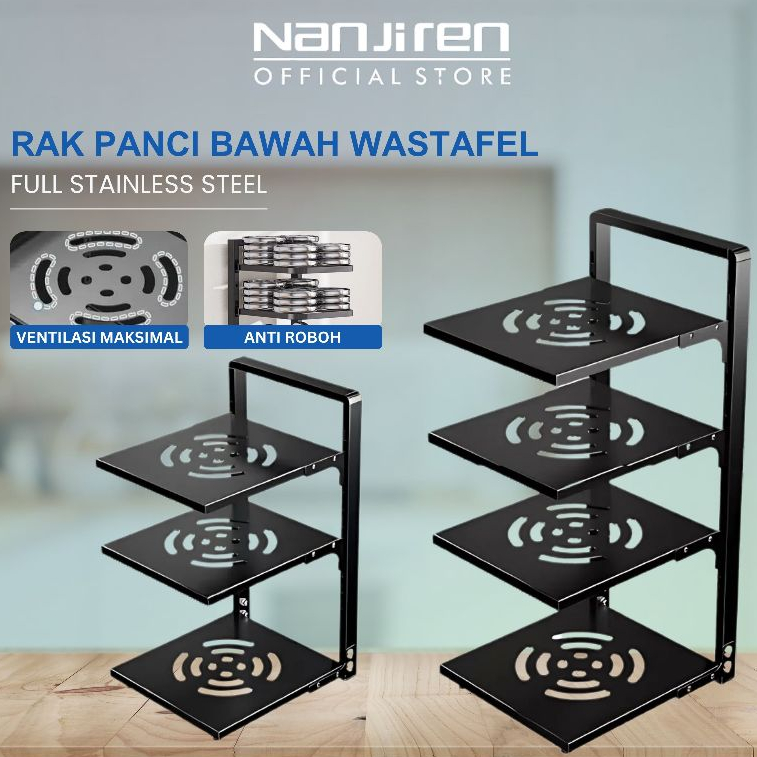 Nanjiren Rak Panci Susun Bawah Wastafel Stainless Rak Peralatan Rumah Dapur Rak Beroda Multifungsi