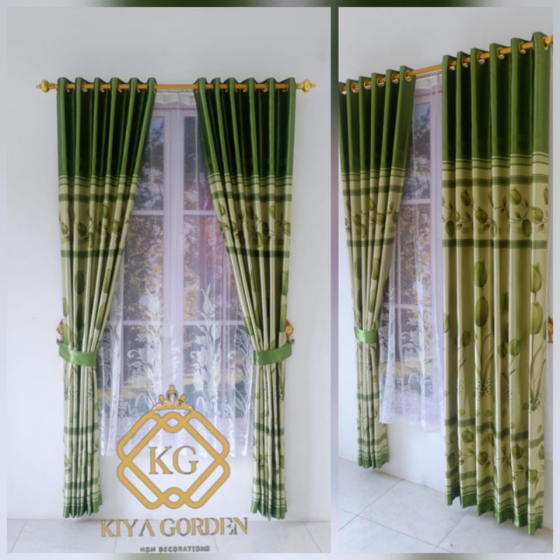 Gorden jendela bahan blackout import motif tulip kain tebal pintu terlaris hordeng hijau abu biru