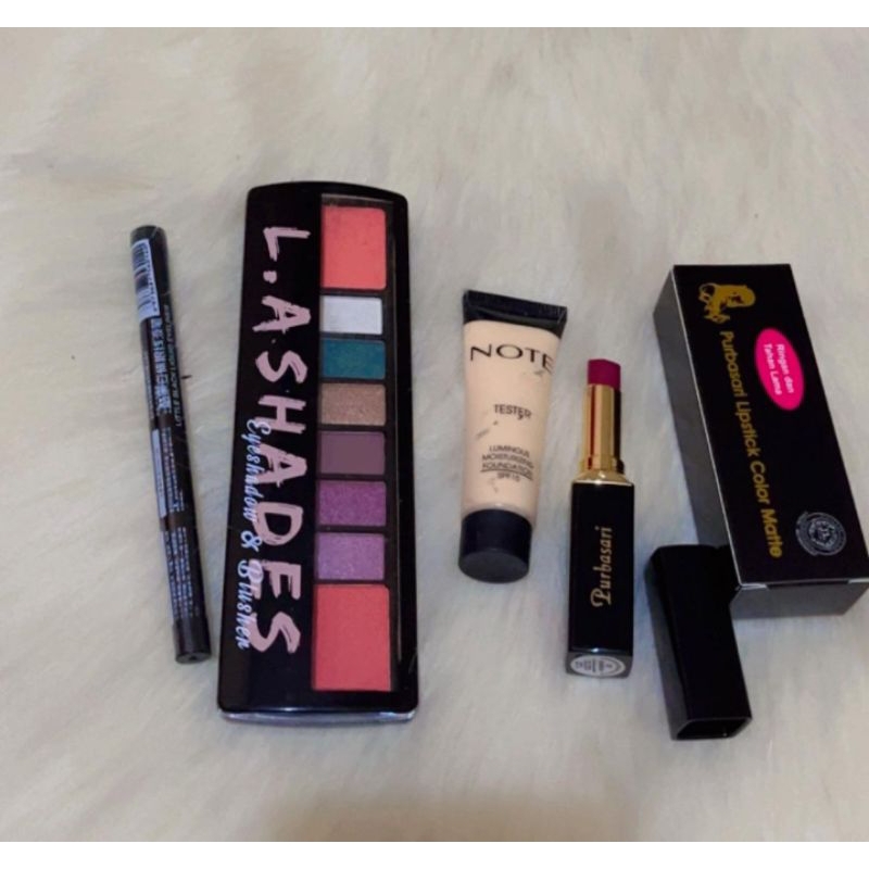 Paket eyliner black suake, eyeshadow LA, note fondi, lipstik purbasari