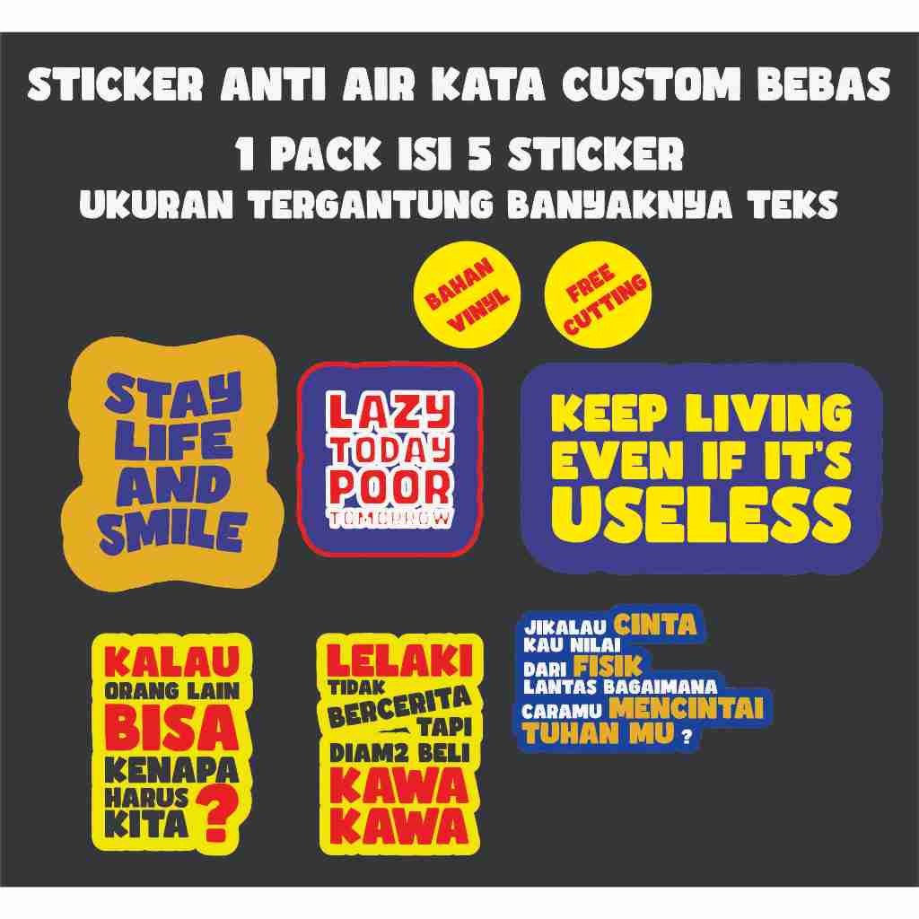 

stiker helm Sticker Anti Air Kata Custom Bebas 1 Pack Isi 5 Stiker